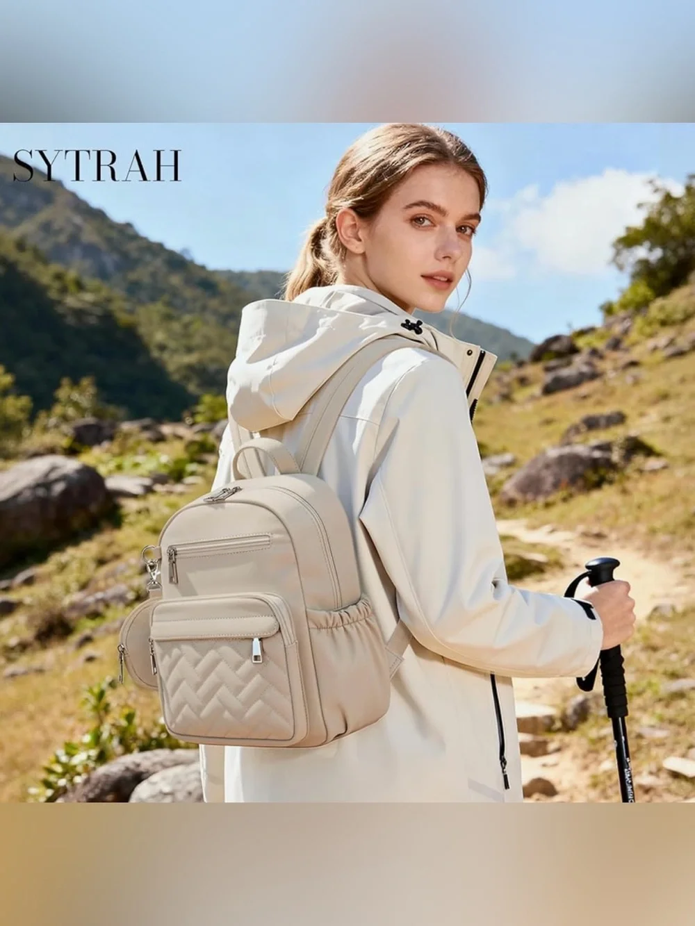 NWT SYTRAH Mini Puffer Backpack Taupe Anti-Theft Travel Bag